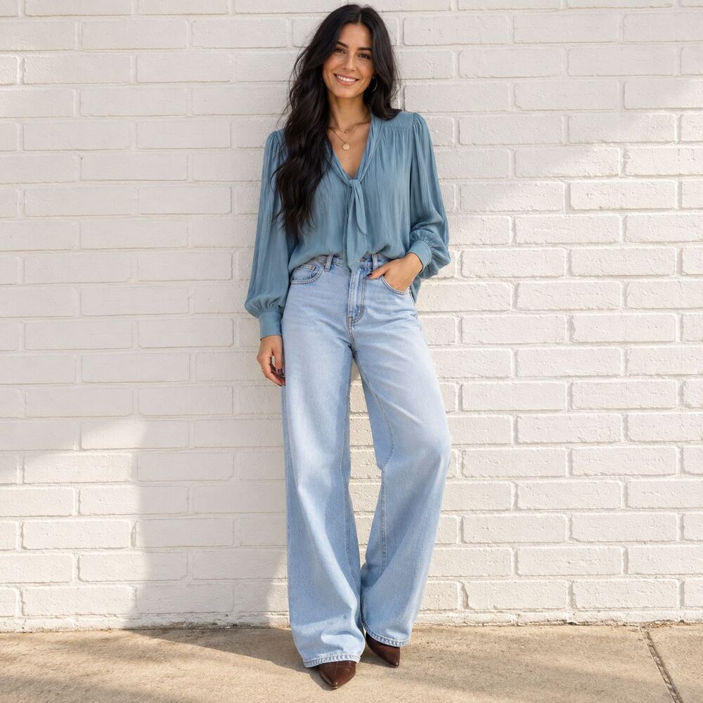 me by jennie garth blue tie neck long sleeve blouse size m boho romantic flowy